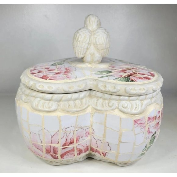 RARE Shabby Chic Vintage Rose Mosaic Angel Keepsake Heart Box - Picture 11 of 11